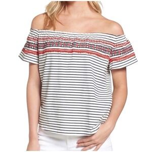 THML Striped Off the Shoulder‎ Top Embroidered Details Women's Size Medium